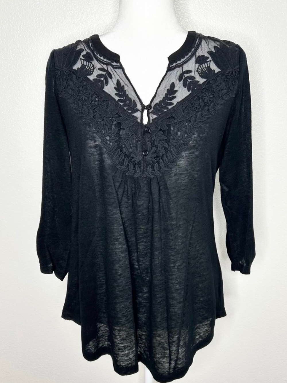 Meadow Rue Anthropologie Womens Black 100% Linen Embroidered Henley Top Size S